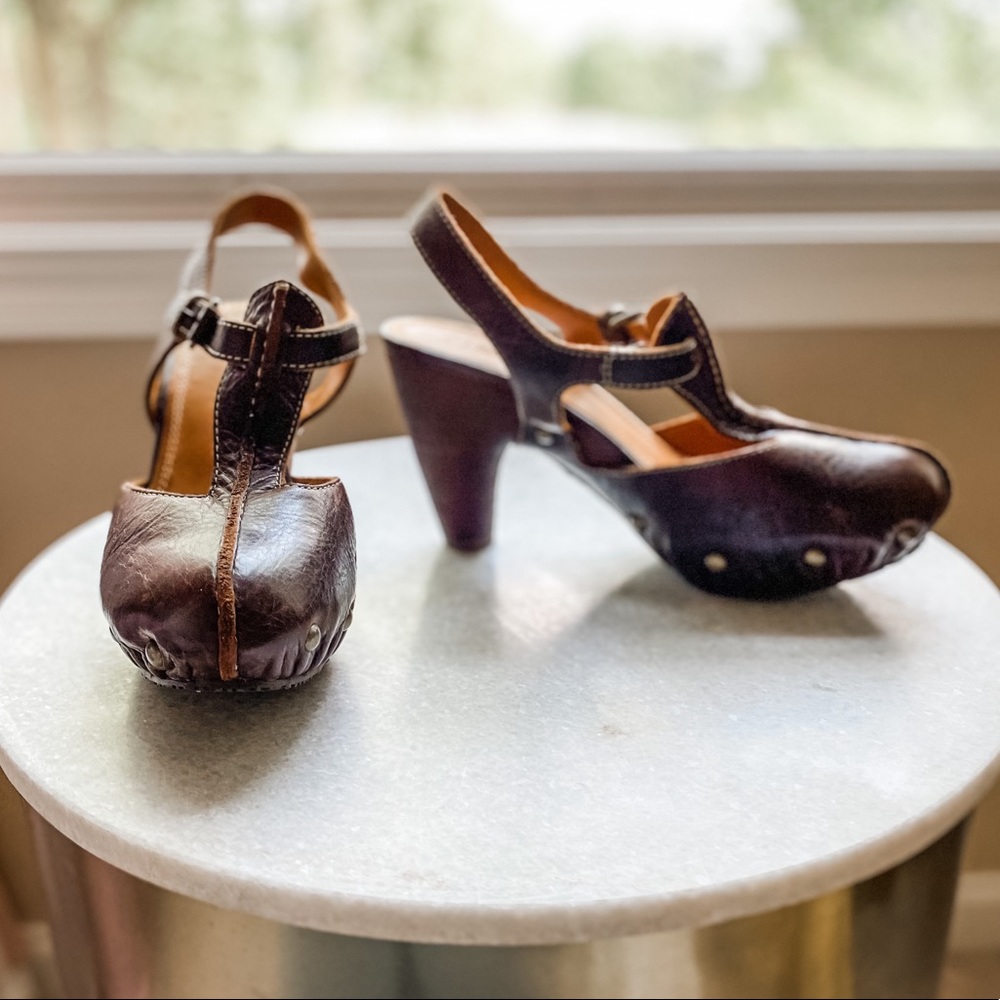 Frye Reese T-Strap Wood Platform Studded Heels